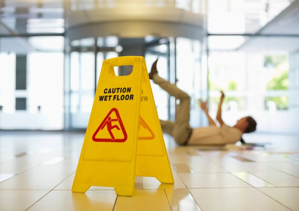 Caution wet floor sign on the floor