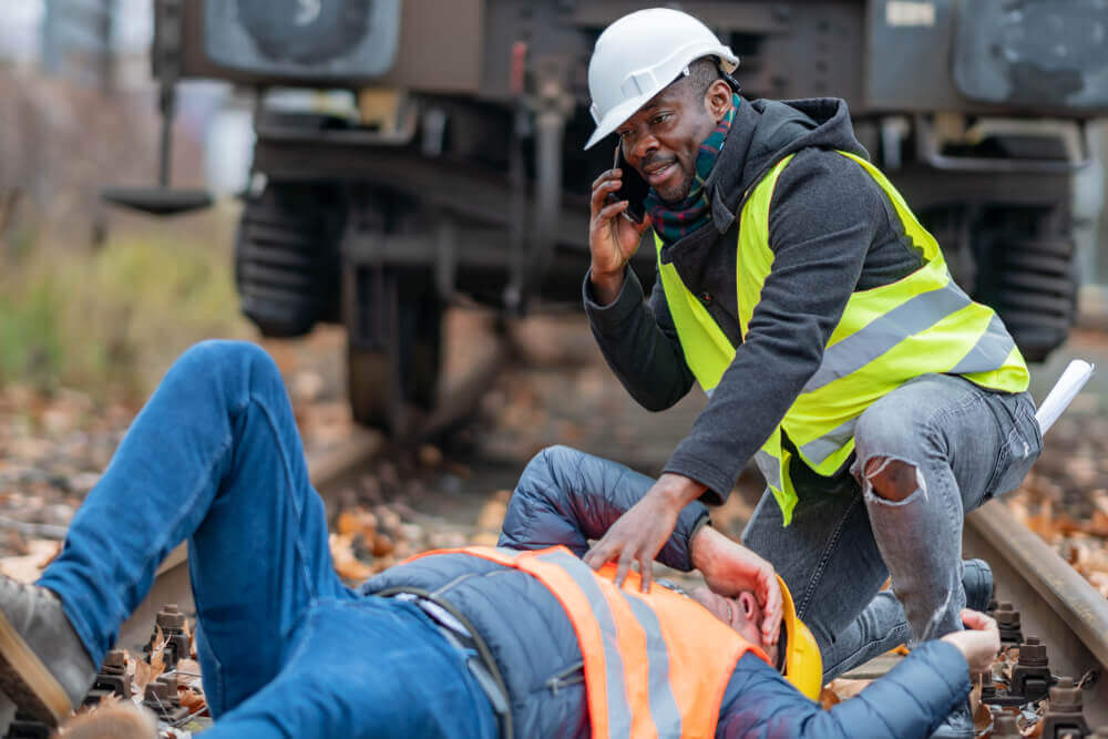 Railroad worker calling for help to rescue coworker.